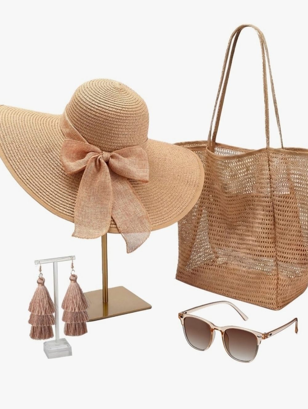 Straw Sun Hat & Tote Beach Set in Blush Tan